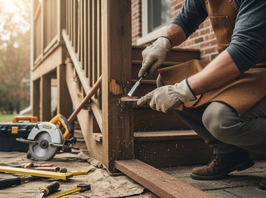 carpenter repairing wooden stairs outside home