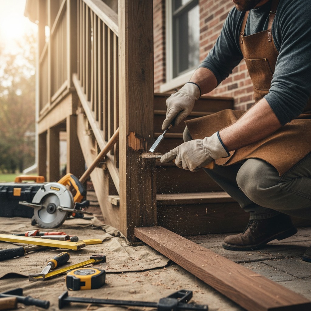 carpenter repairing wooden stairs outside home